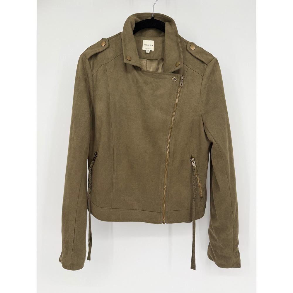 Ellison Women Olive Green Faux Suede Moto Jacket Asymmetrical Zip Small‎